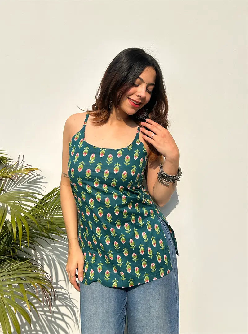 Beutiful Green flower printed sleevless kurti